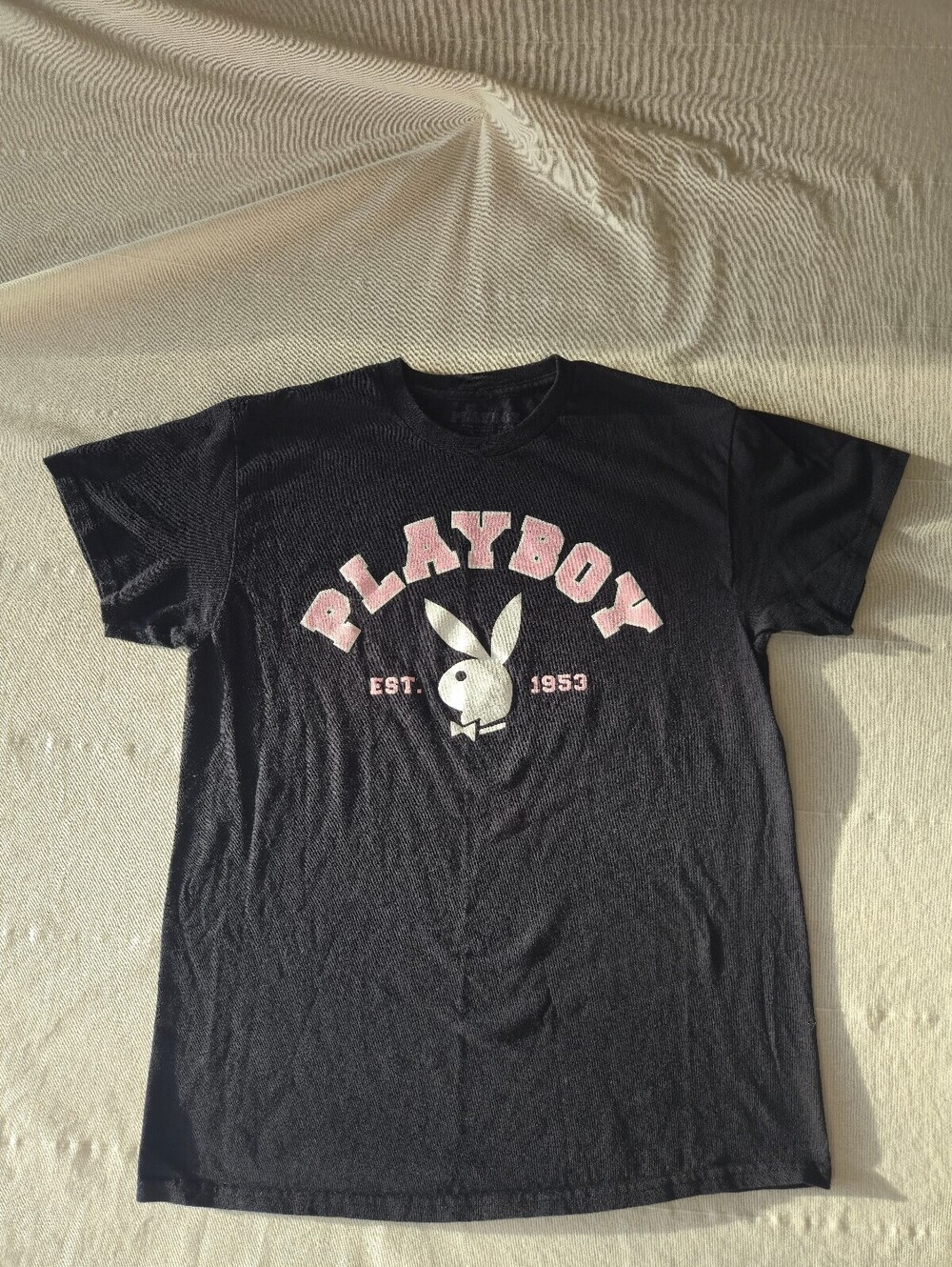 Playboy Black Graphic T-Shirt with Pink and White Logo Size Medium